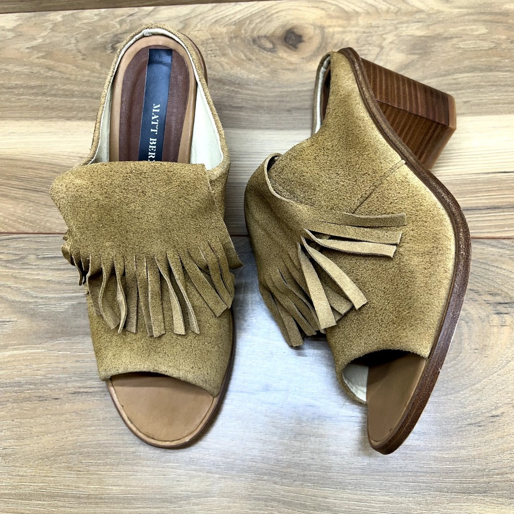 Matt Bernson Sandals 8.5 Tan Suede Finge Boho Block Heel